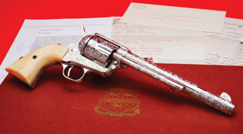 GunBroker.com Item #1053643437, 1962 Colt SAA .45 Colt 7.5" CARMINE LOMBARDY MASTER ENGRAVED & SIGNED was sold for $18,000.00 on 6/23/2024