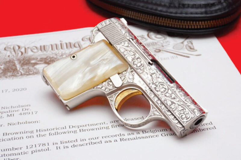 1954 ENGRAVED BABY BROWNING BELGIUM VEST POCKET RENAISSANCE PISTOL IN CASE!