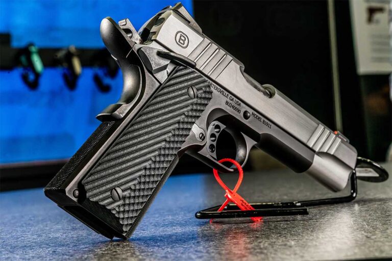Highlights of Bersa B1911 45ACP 5" 8RD brushed SS / Black Nitride pistol, Bersa Firearms' first 1911 pistol made in USA.