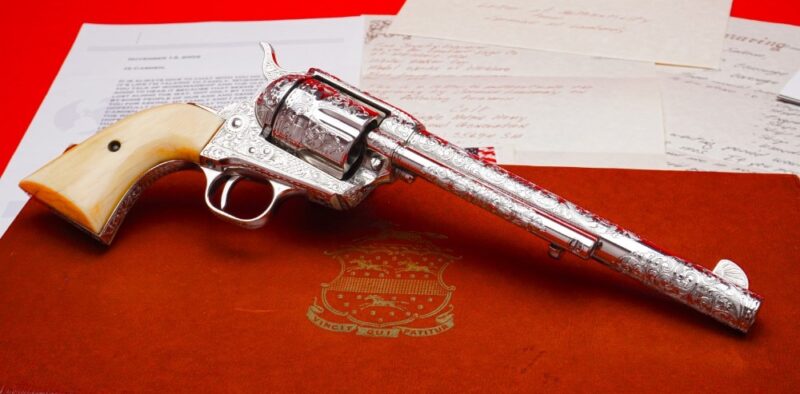GunBroker.com Item #1053643437,1962 Colt SAA .45 Colt 7.5" *CARMINE LOMBARDY MASTER ENGRAVED & SIGNED* was sold on 6/23/2024