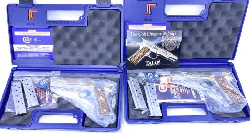 GunBroker Item #1058344014, Colt TALO Dragon 1911 38 Super DELUXE Consecutive Pair TALO-DRAGON 25 MADE was sold for $20,025.00 on 7/28/2024