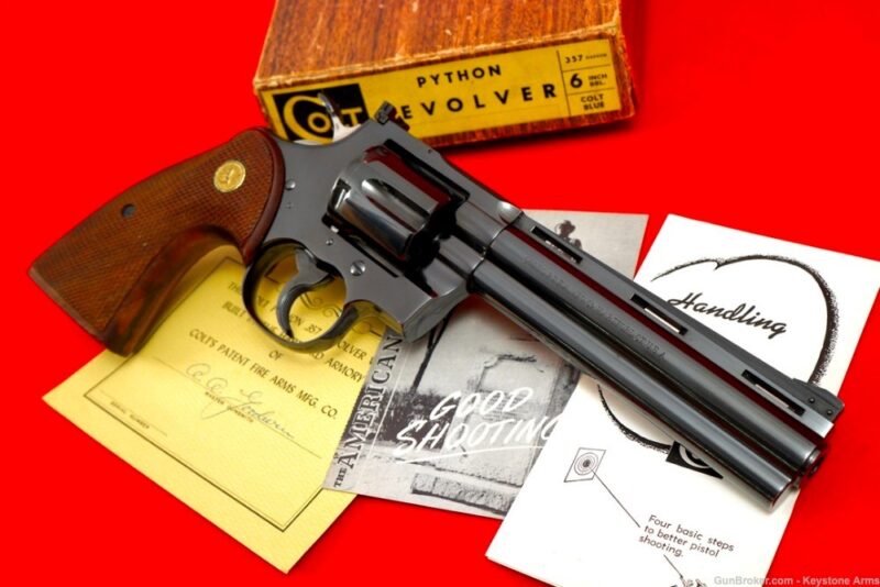 GunBroker Item  #1059199884, Ultra Rare 1955 1st Gen Colt Python 6” .357 Magnum Serial #63 Original Box was sold for $30,050.00 on 8/04/2024