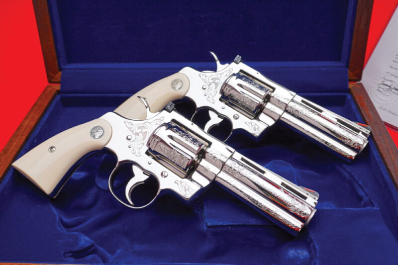 Most Expensive Guns Sold on GunBroker, Item #1074279985, Cased Set 1987 Colt Python Engraving Samplers -Dennis Kies Factory Engraved was sold $18,802.00 on 11/24/2024
