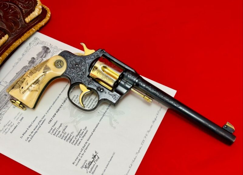 GLAHN ENGRAVED - 1919 COLT NEW SERVICE TARGET 44 RUSSIAN S&W - CARVED IVORY